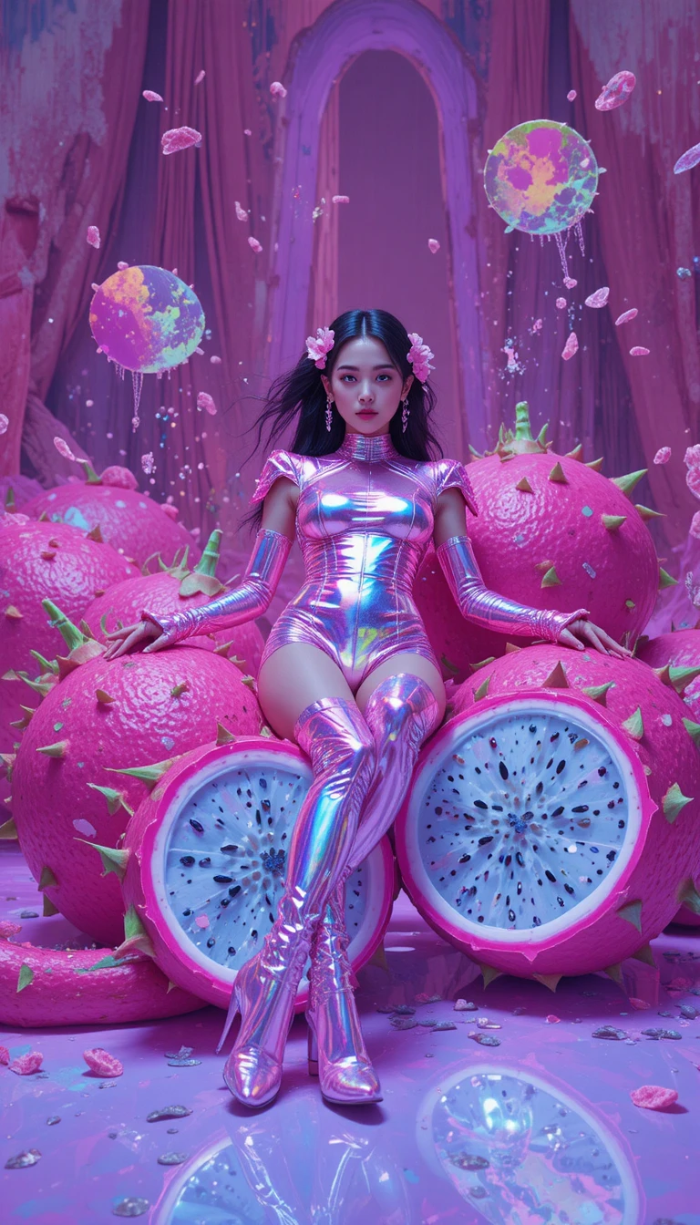 Futuristic fashion woman on floating dragon fruits
