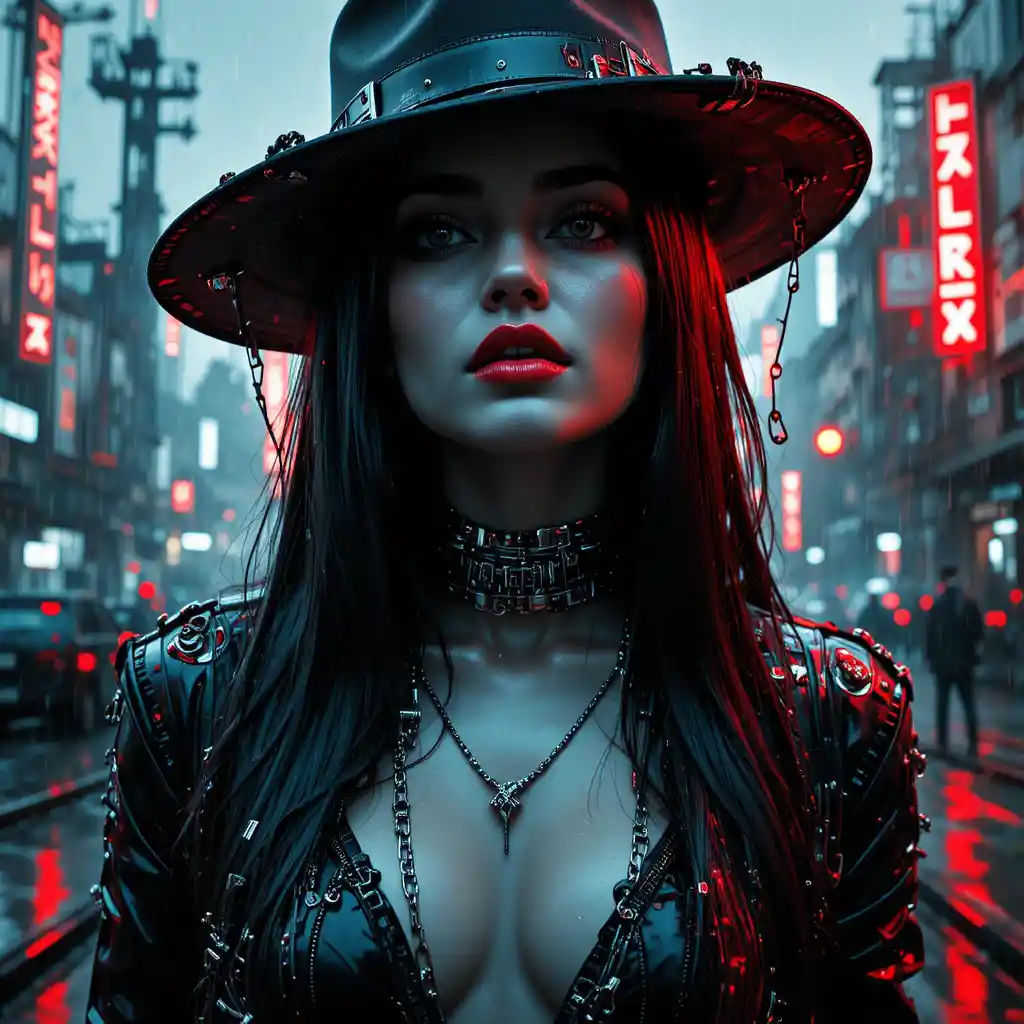 Retrato glitch noir de uma mulher feroz em sombras de neon