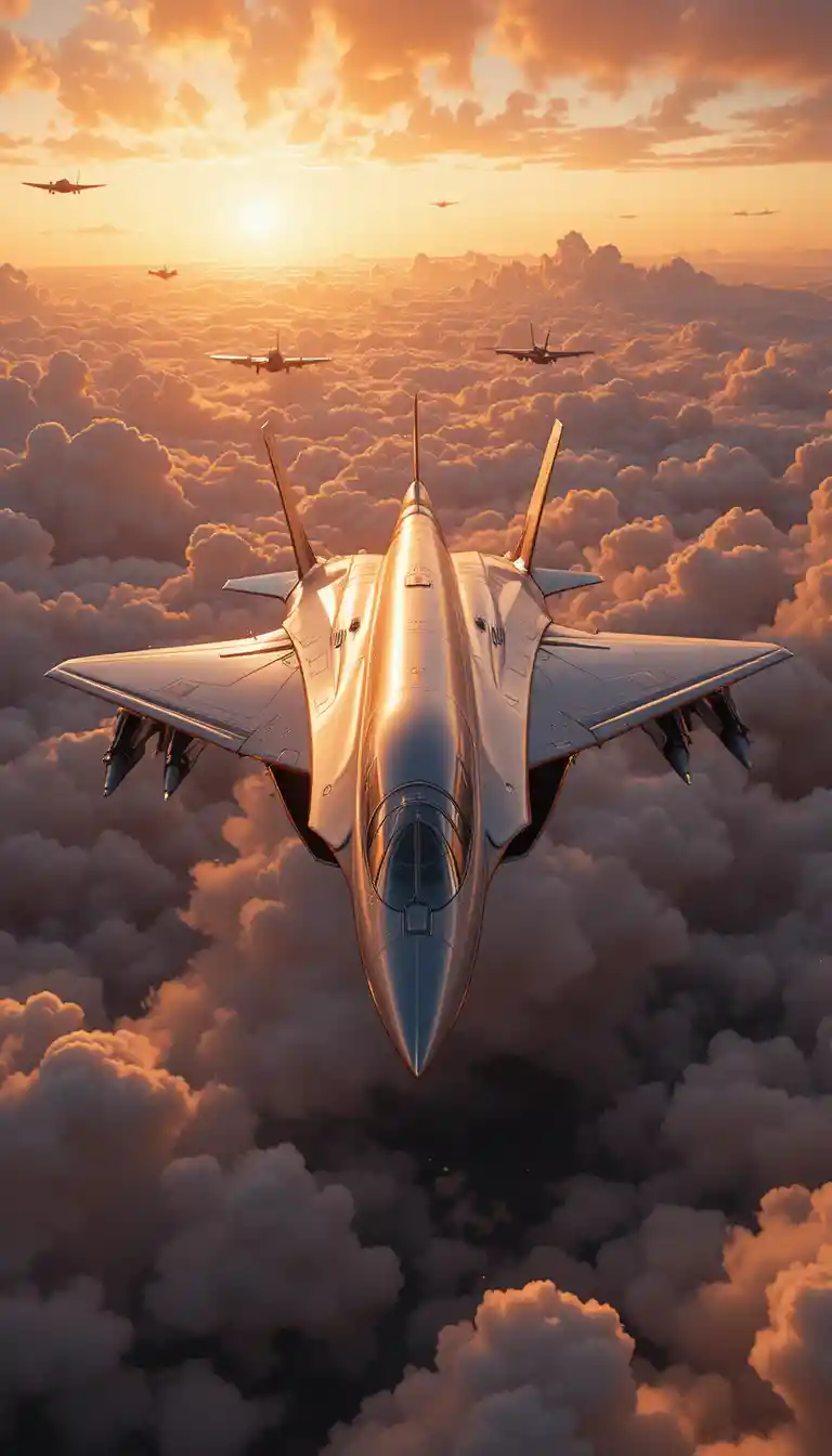 Futuristic Concorde Jet Above Golden Sunset Clouds