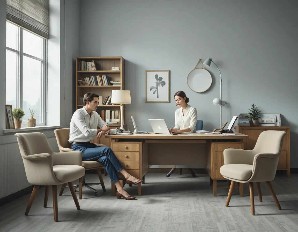 Mann und Frau im modernen, minimalistischen Büro im Gespräch