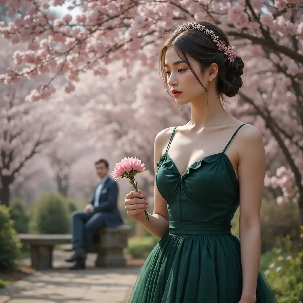 Young woman in green dress among pink spring blossoms