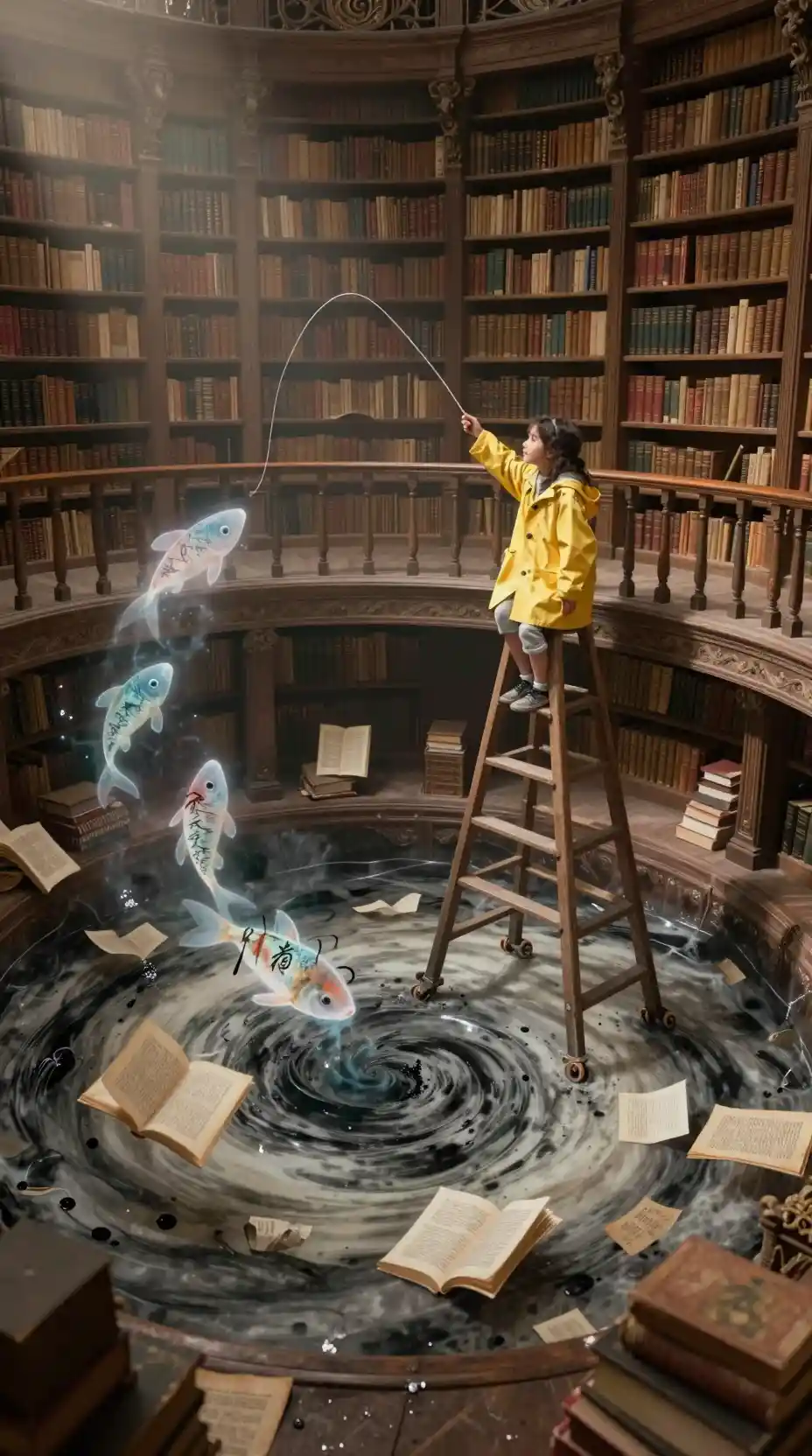 Girl Fishing From A Library Ladder Above An Ink Vortex