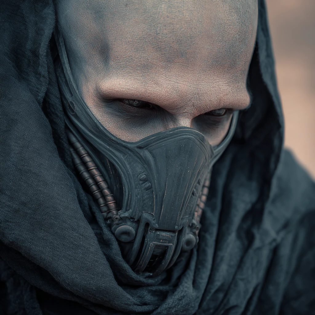 Masked sci fi man in a dramatic ghostly desert shelter
