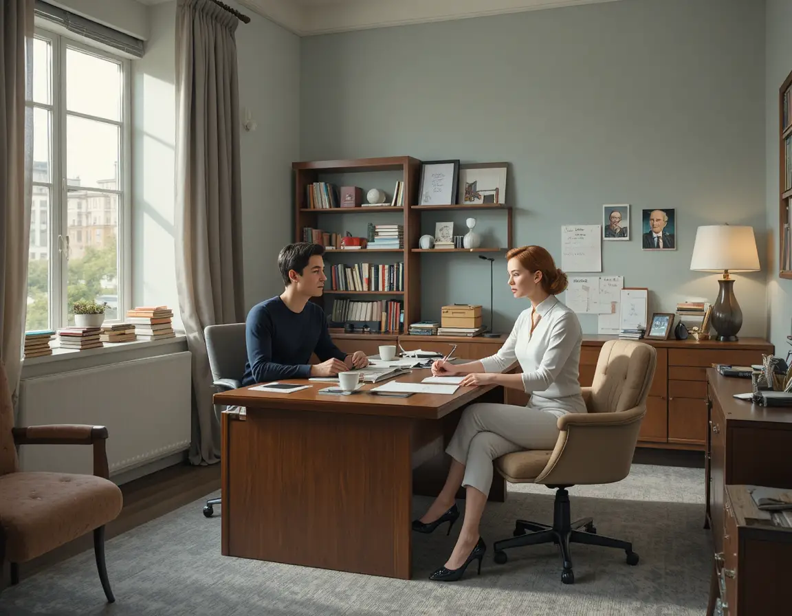 Mann und Frau im Gespräch an einem modernen minimalistischen Büroschreibtisch