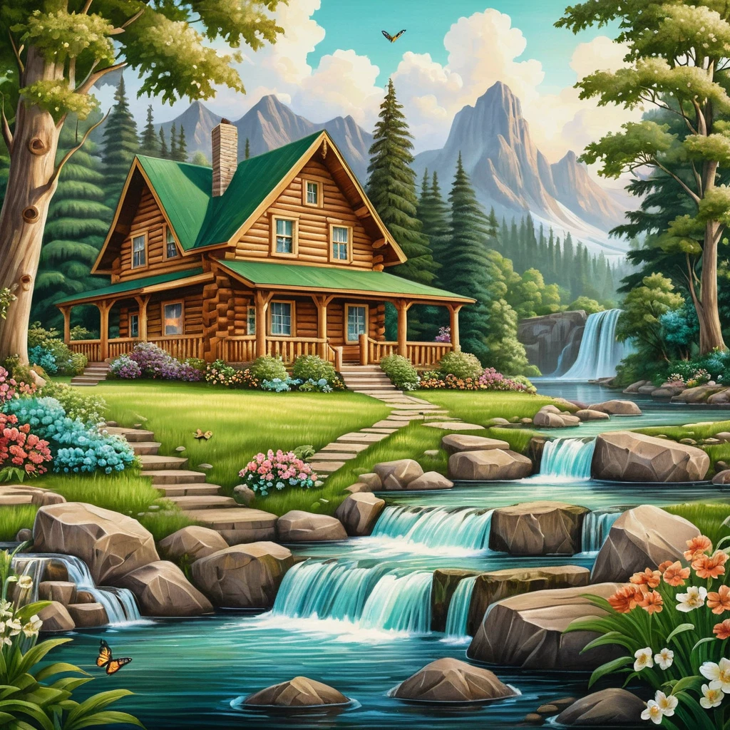 Cozy log cabin by a summer river with waterfall