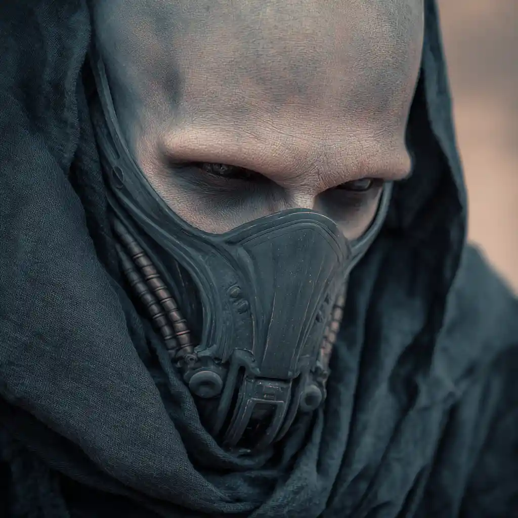 Masked sci fi man in a dramatic ghostly desert shelter