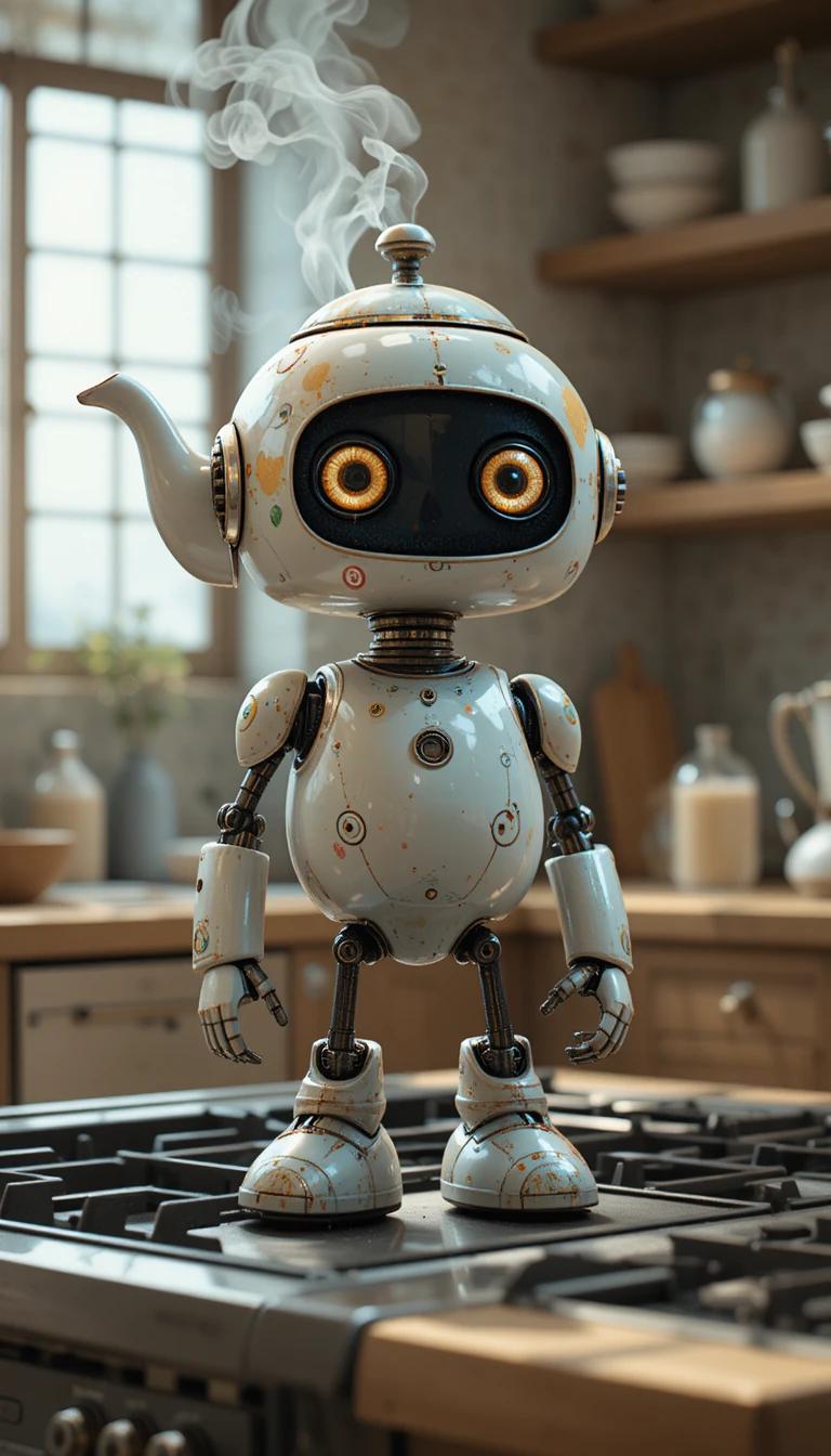 Cute robot with teapot head standing on kitchen stove