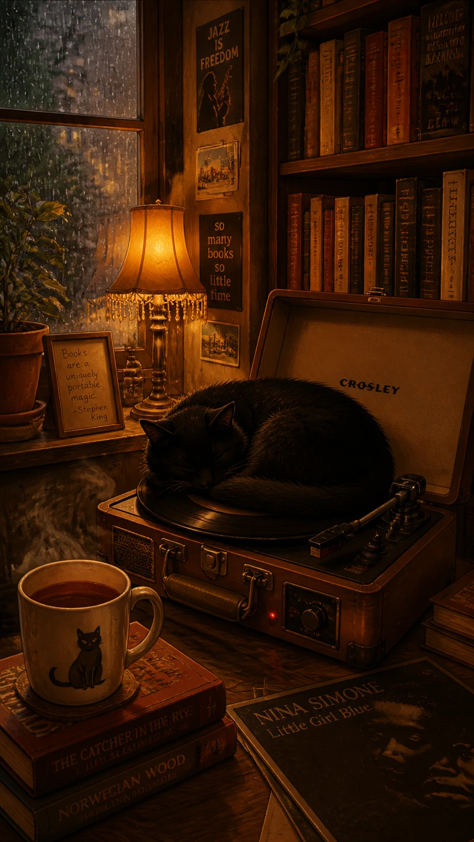 Black Cat Resting On Record Player In Cozy Library