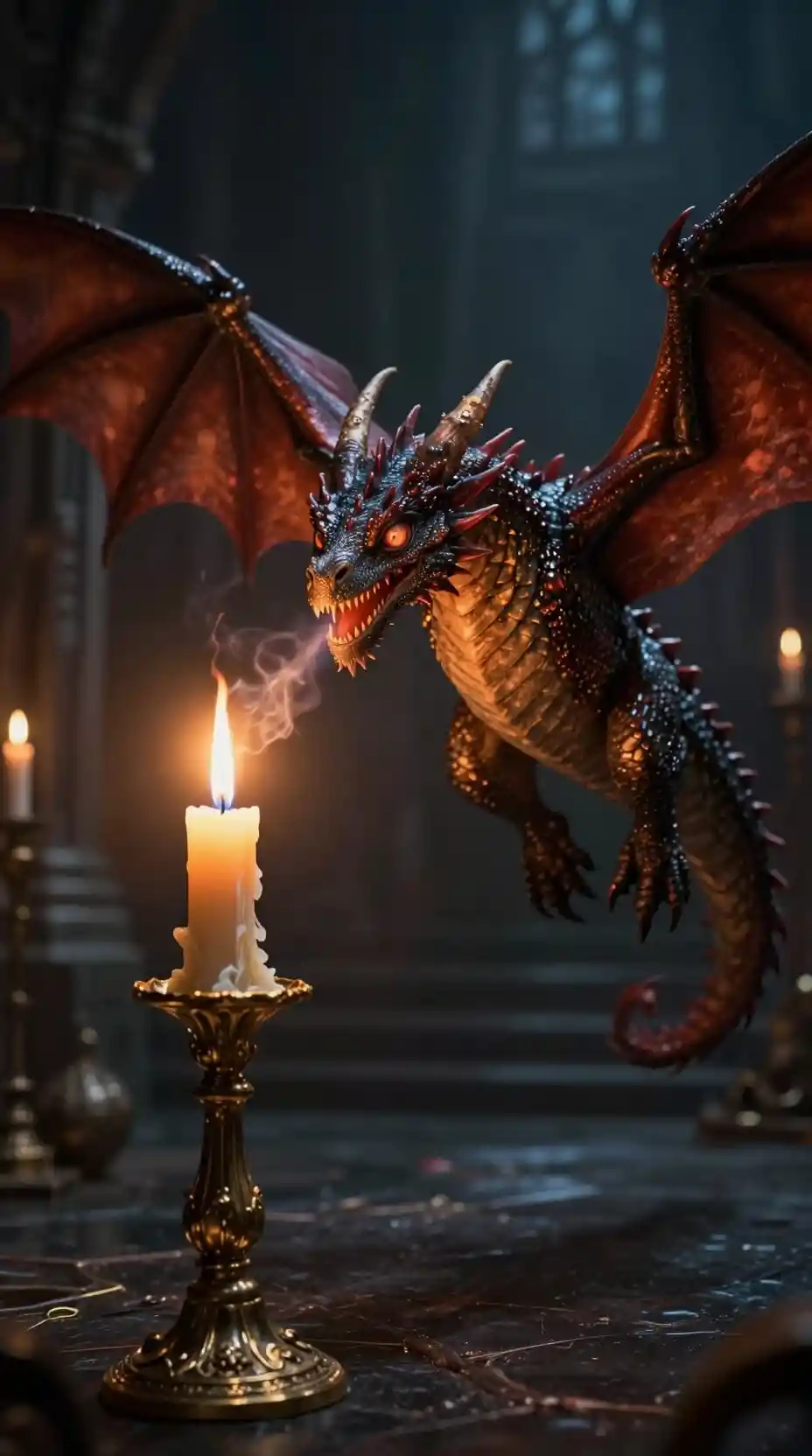 Tiny dragon lighting a candle in a dark castle chamber