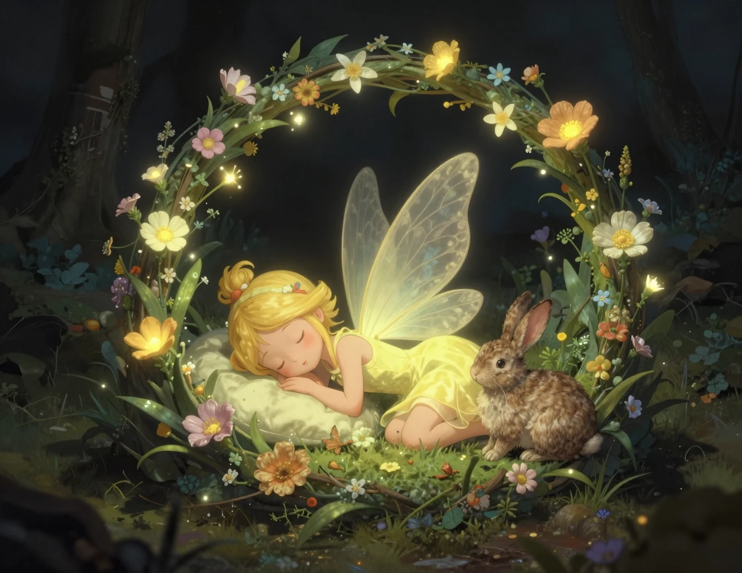 Sleeping fairy girl in glowing flower ring with rabbit