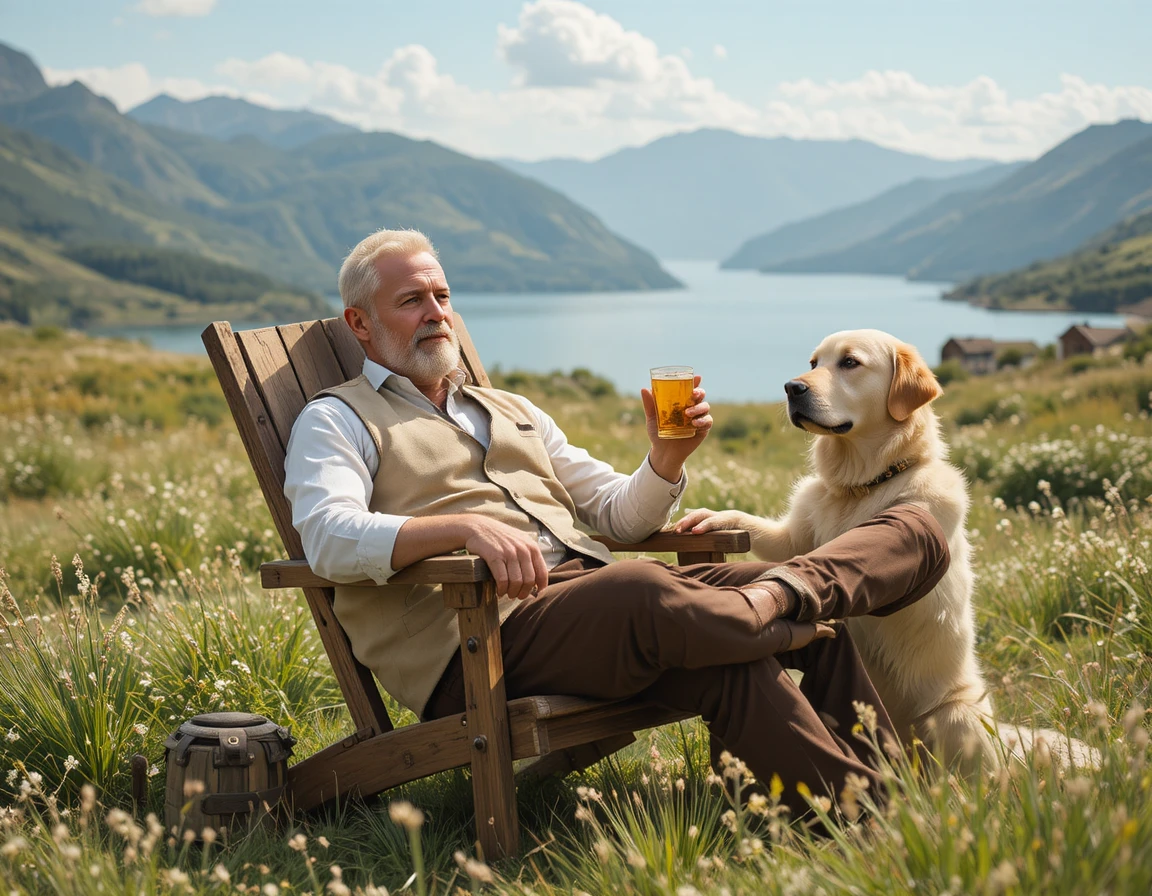 Man relaxing with dog by mountain lake in sunlight