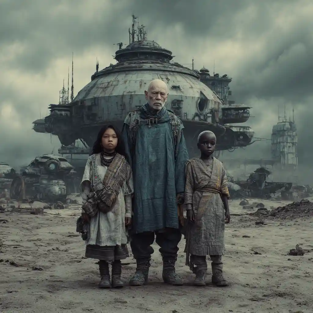 Asian girl and granddad in a futuristic ghostly desert shelter