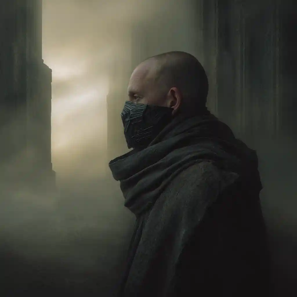 Cyborg figure in dark mask within futuristic cityscape