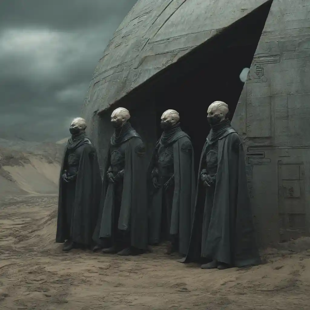 Cyborg figure in a cinematic futuristic desert shelter
