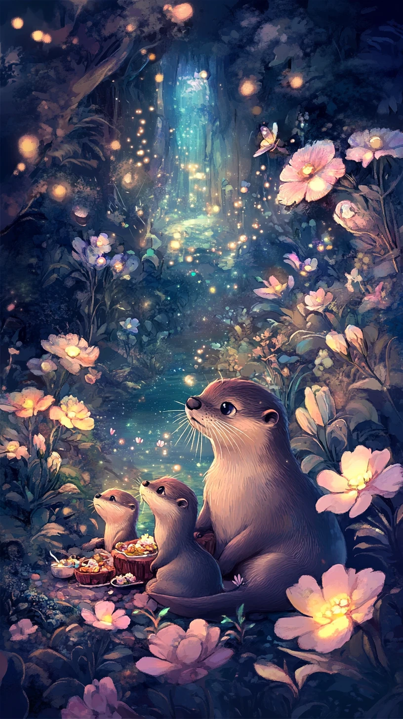Whimsical otter family picnic in a glowing fantasy garden