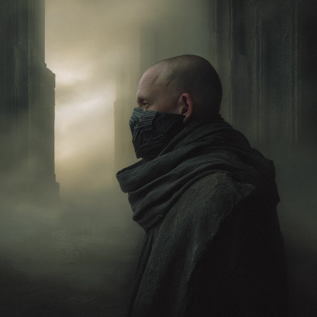 Cyborg figure in dark mask within futuristic cityscape
