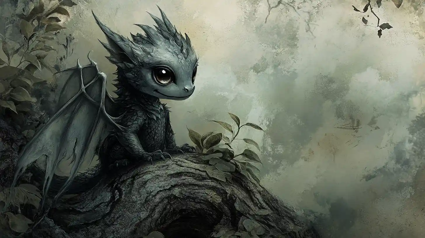 Whimsical gothic baby dragon in a dreamy forest scene