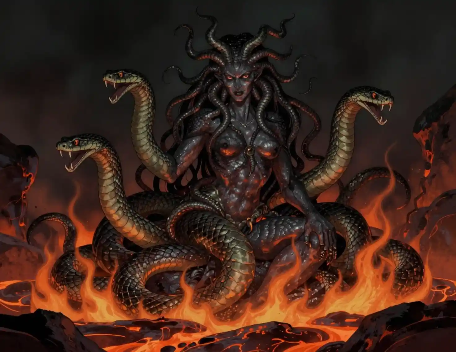 Medusa Rising From Molten Lava In Noir Graphic Illustration