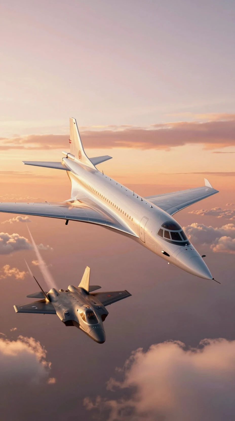 Futuristic concorde jet with fighter escort at sunset