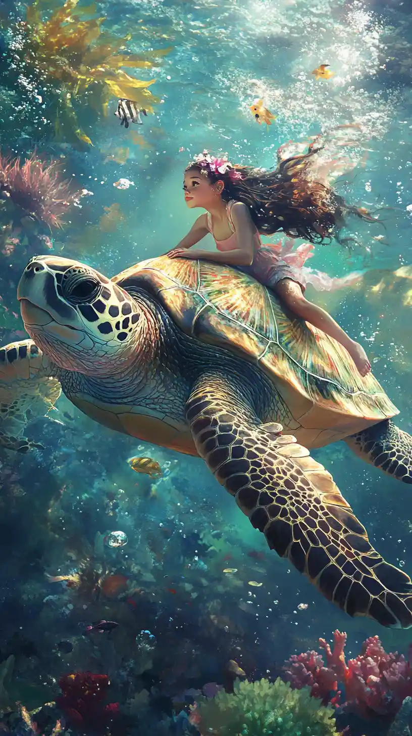 Close up turtle with water fairy in dreamy underwater world