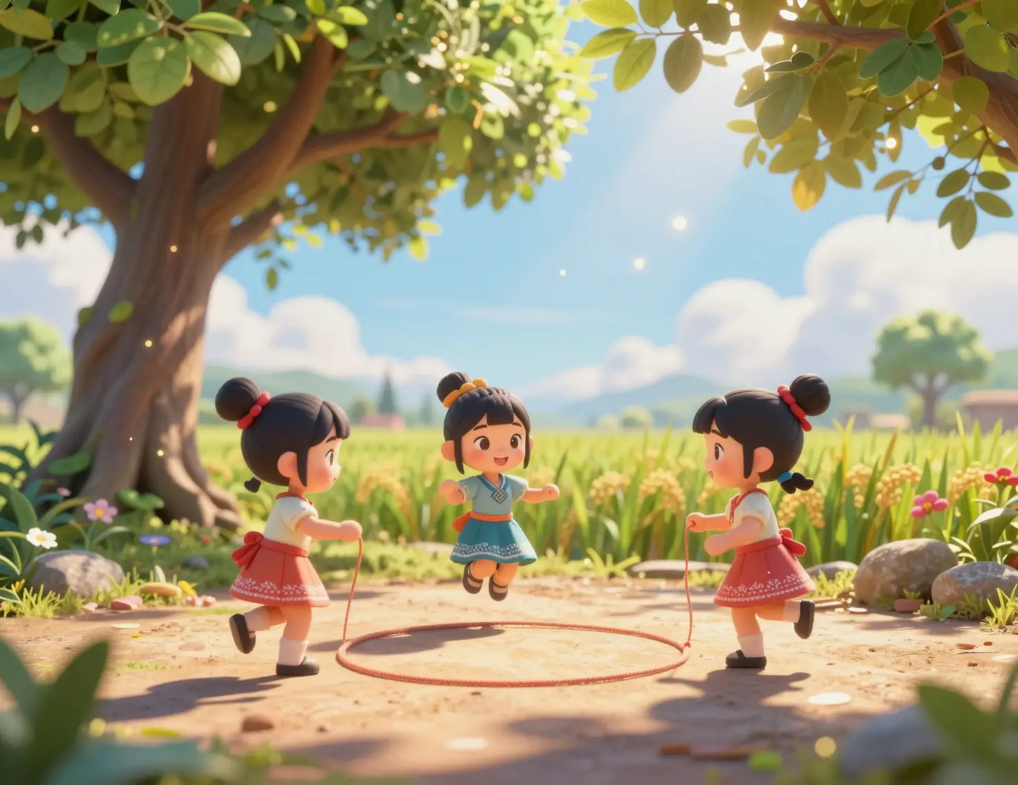 Drei Chibi-Mädchen springen Seil in einer üppigen Naturlandschaft