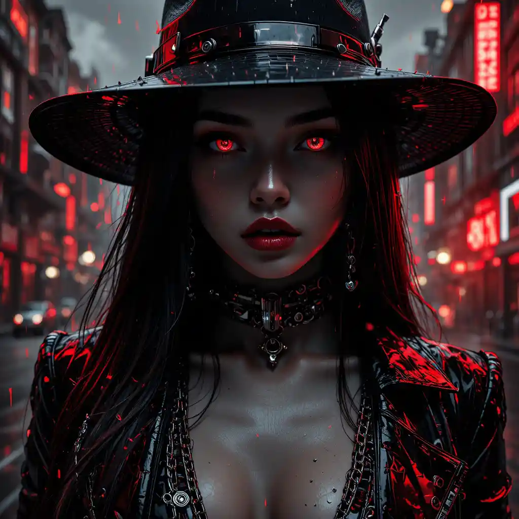 Glitch noir portrait of a fierce woman in neon shadows