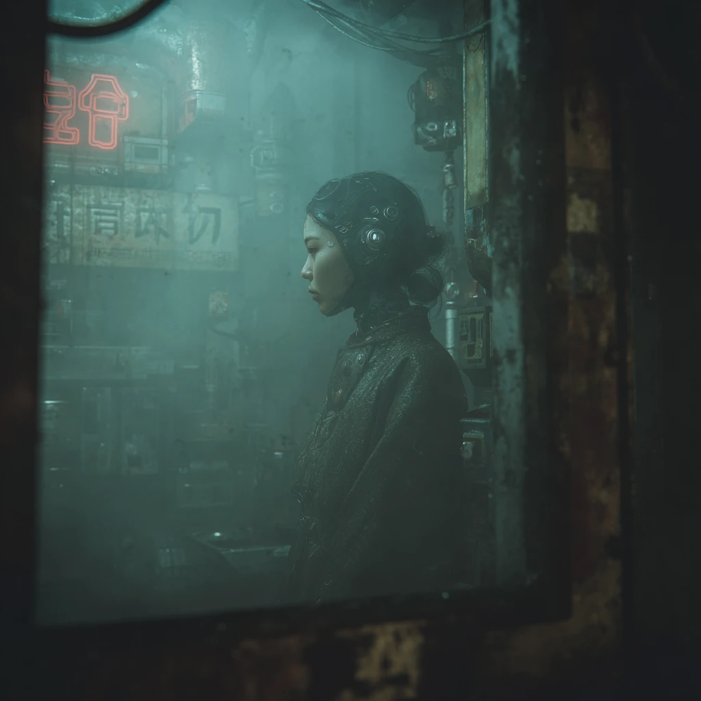 Asian cyborg woman in a dark futuristic Chinese city