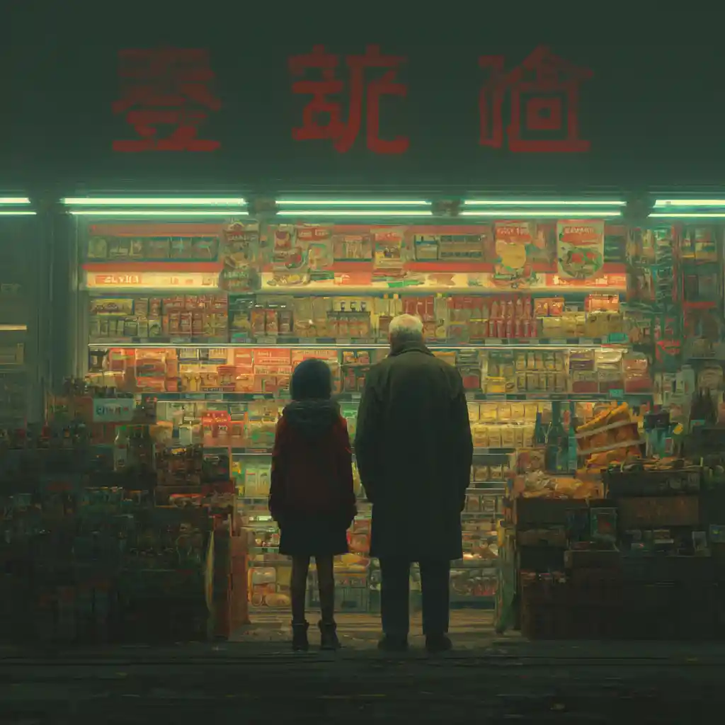 Asian girl and granddad in a futuristic Chinese supermarket