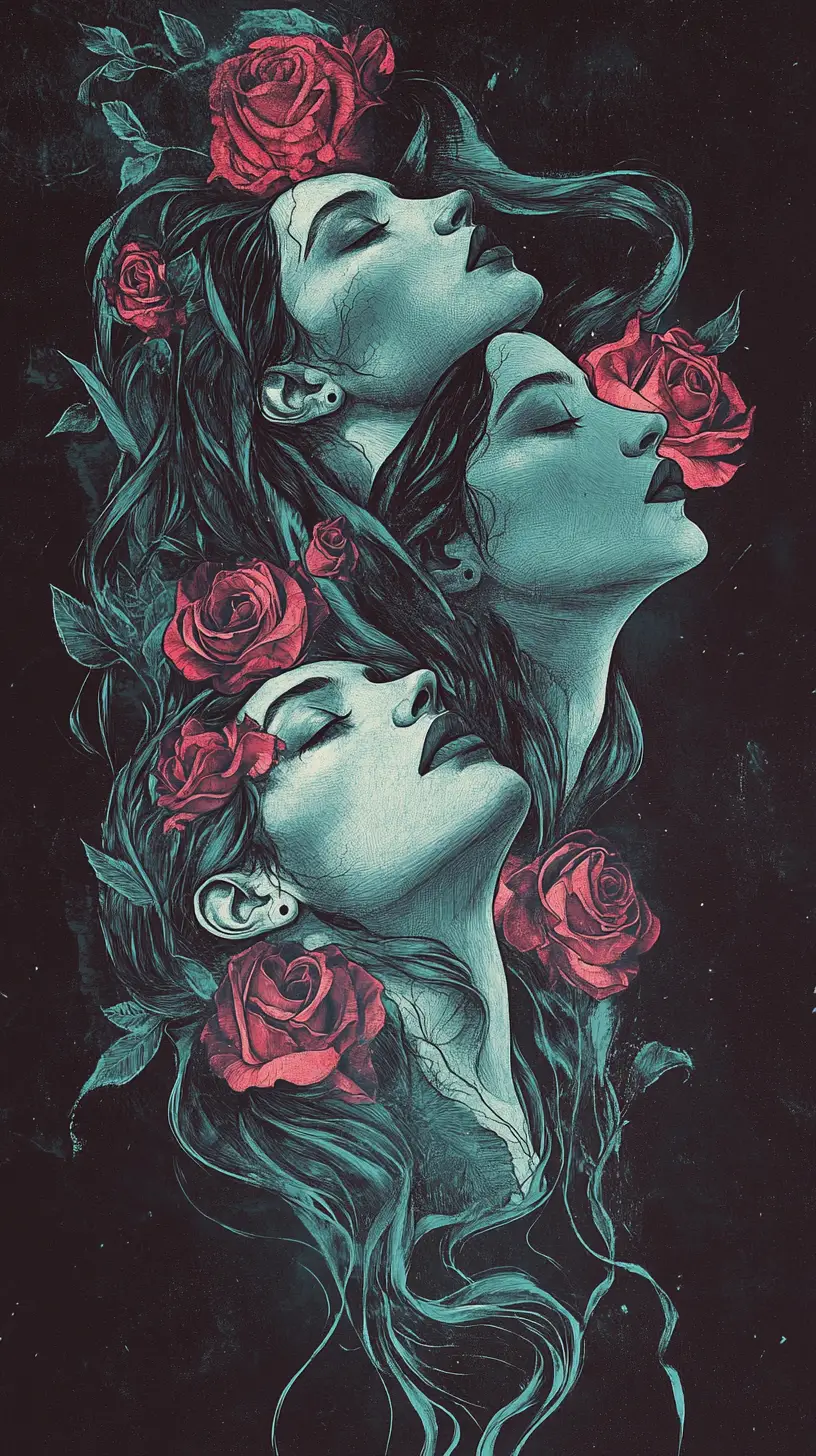 Vertical gothic trio of figures in spiral tattoo illustration