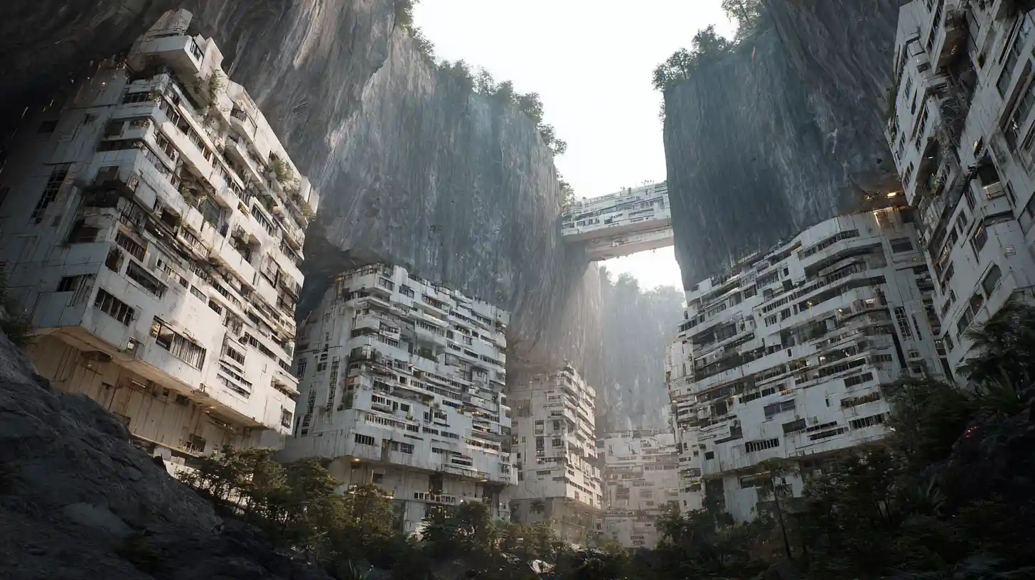 Canyon urbain chinois futuriste avec mystérieuse femme de science‑fiction