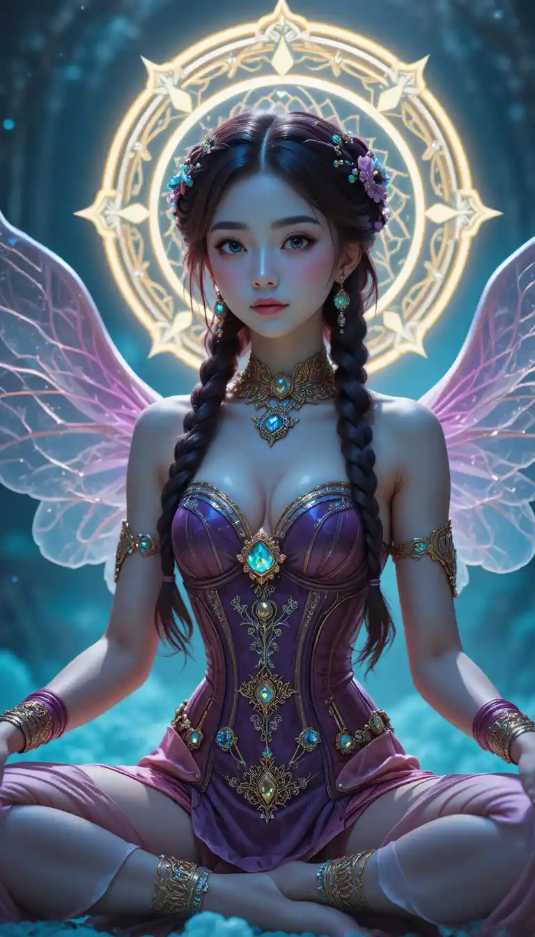 Magenta winged goddess pose of a serene Korean student