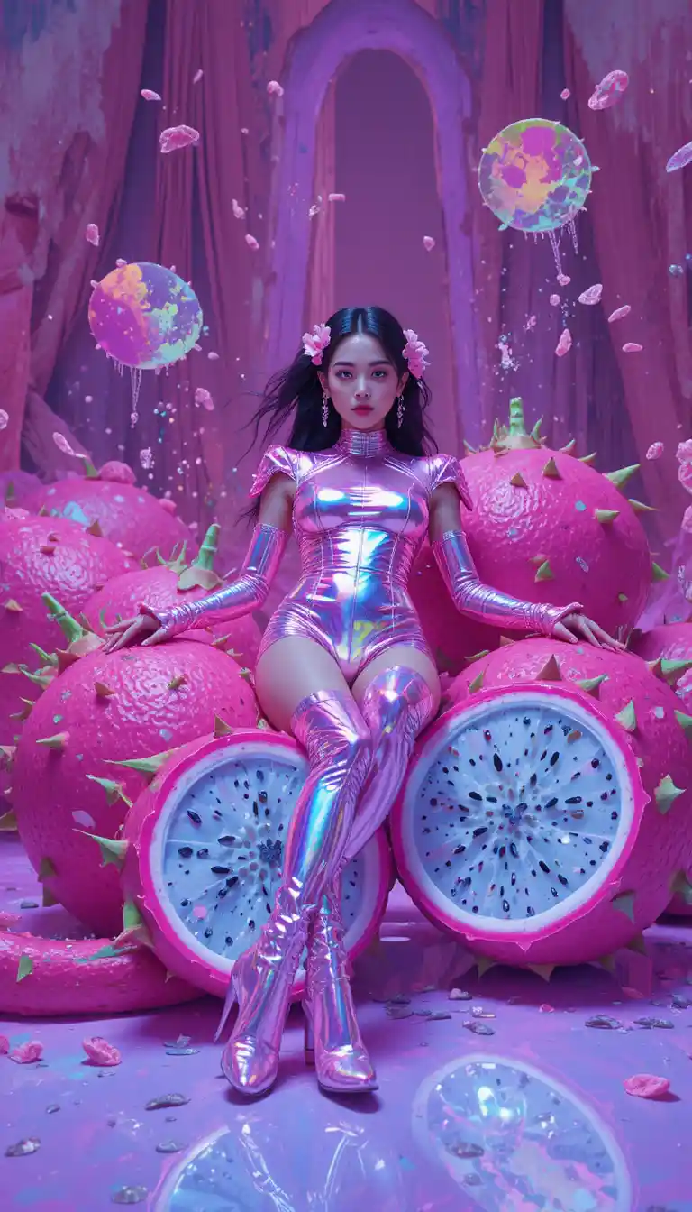 Futuristic fashion woman on floating dragon fruits