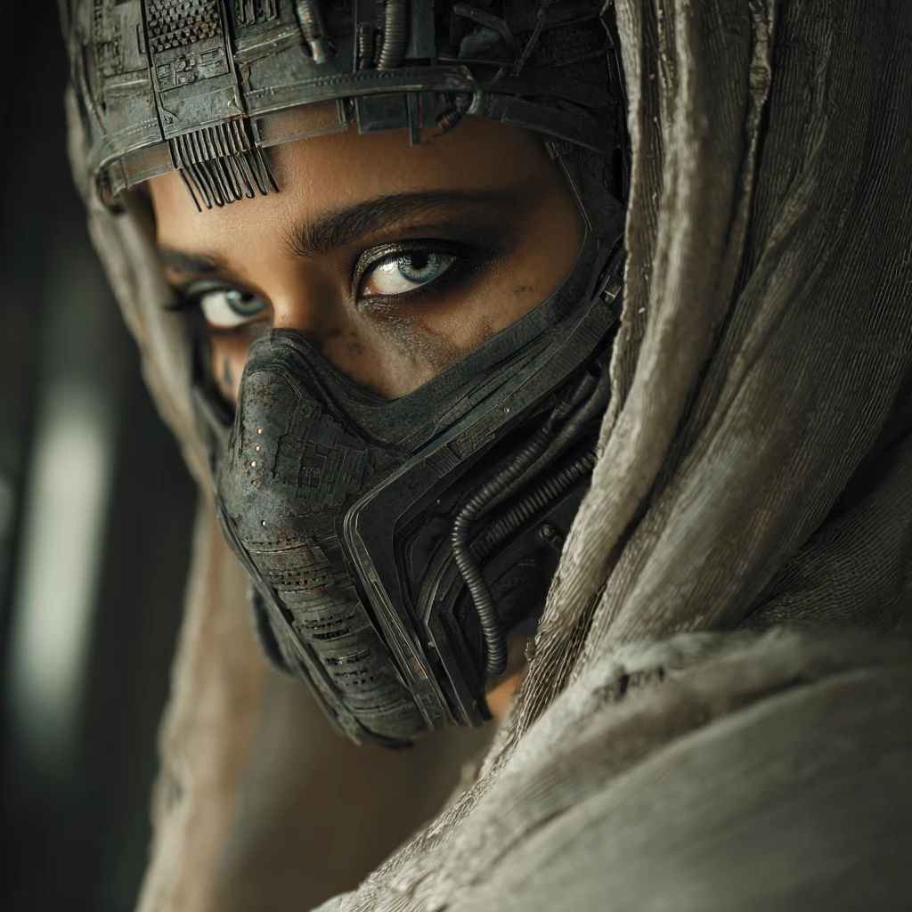 Cyborg figure in mask within a dark futuristic cityscape