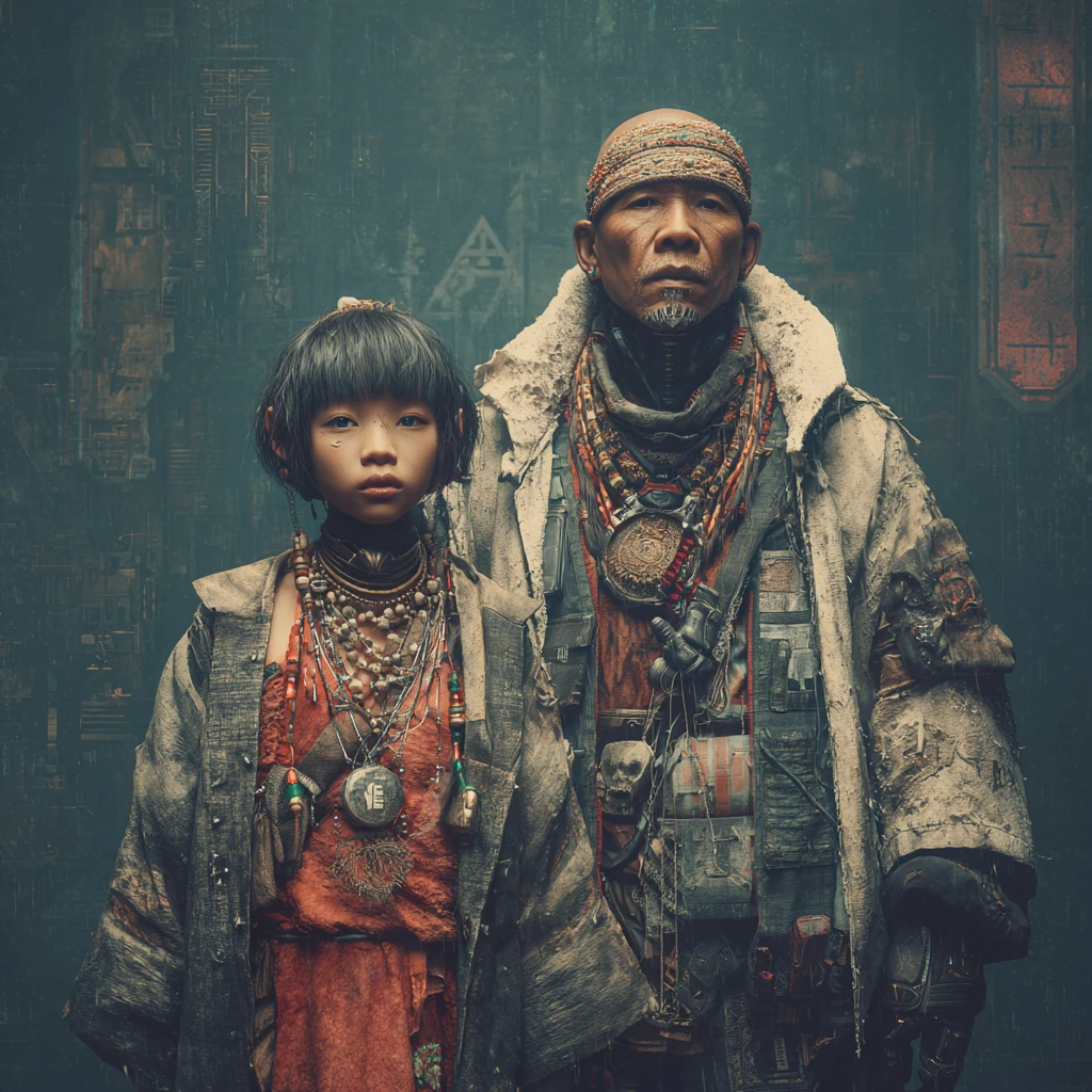 Ragazza asiatica e suo nonno in una città cinese futuristica
