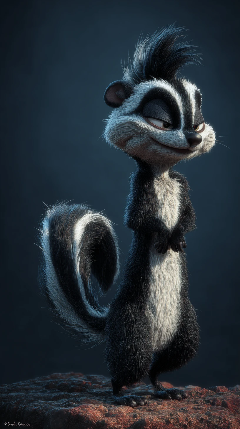 Stylized 3D skunk with fluffy arched tail and smug smirk