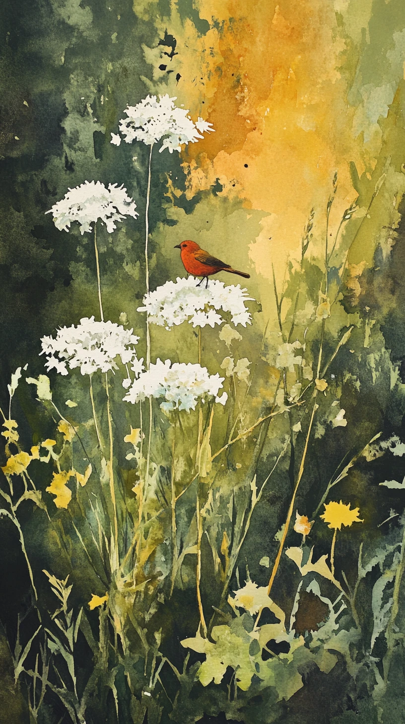 Pintura de canteiro de flores silvestres com pássaro vermelho e fundo suave