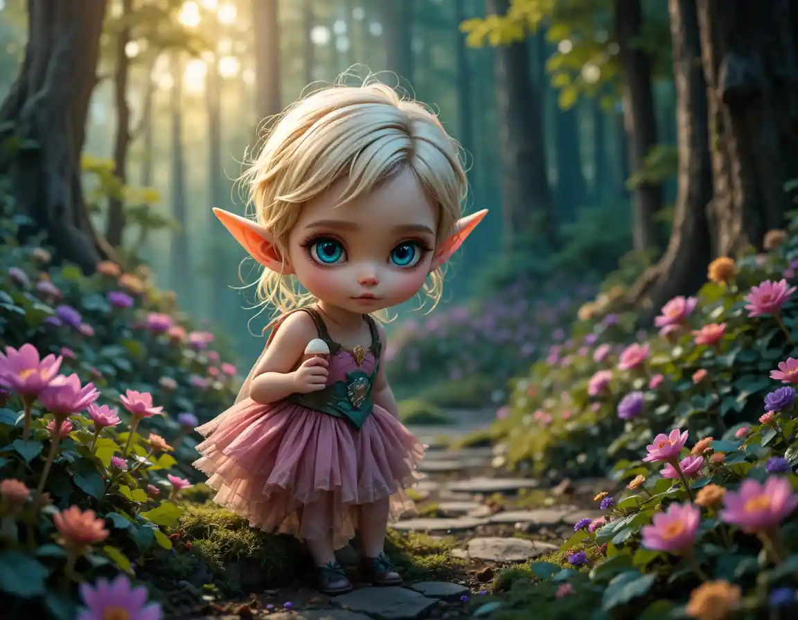 Cute elf child in pink dress sitting on forest mushroom