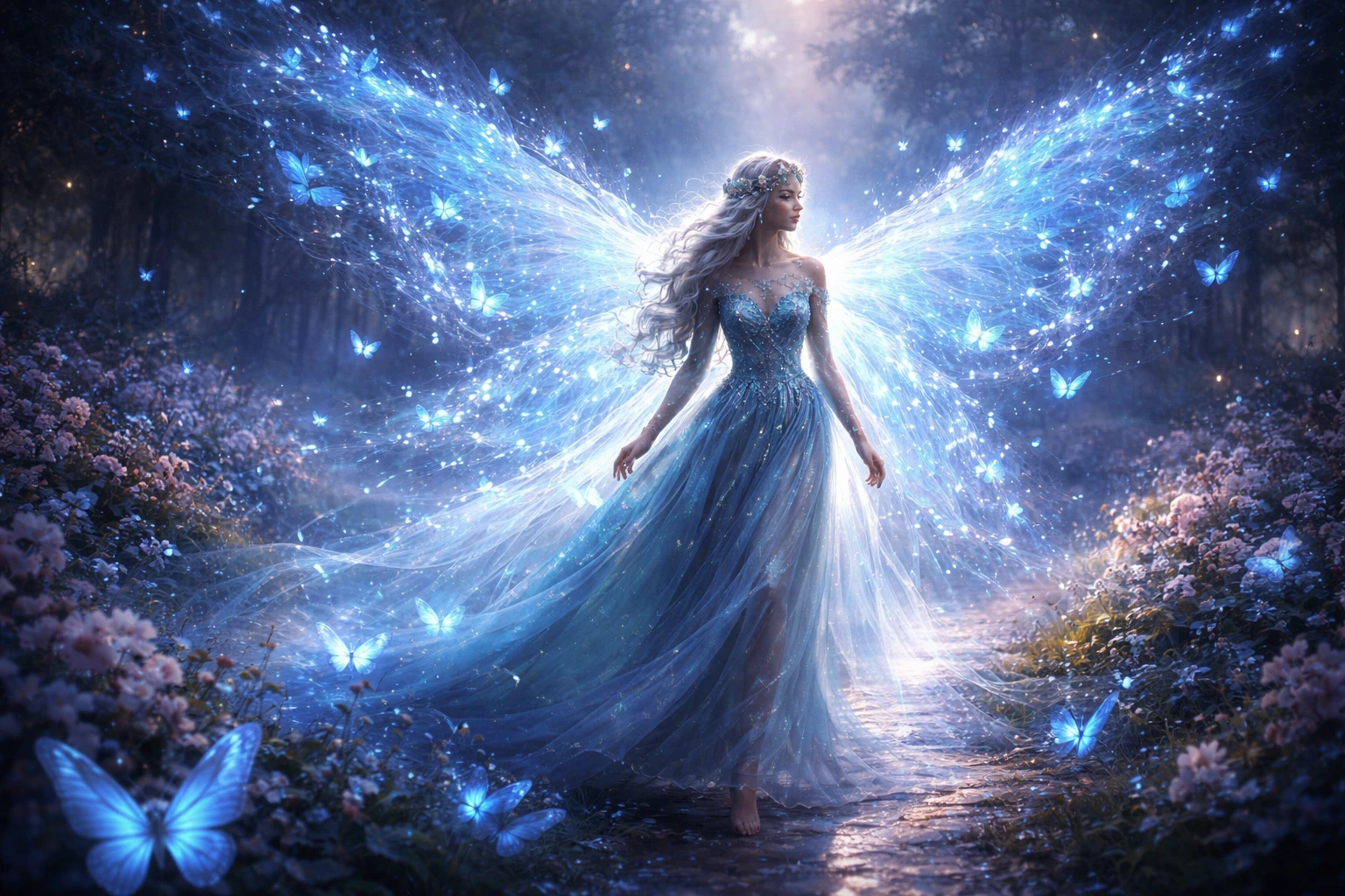 Mystical duchess walking in a glowing twilight butterfly garden