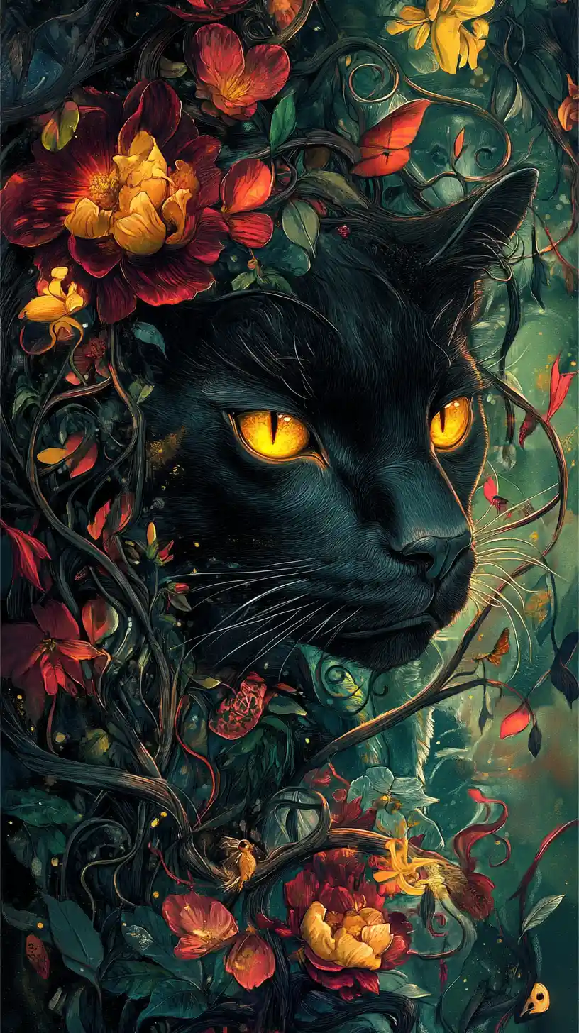 Surreal portrait of woman with black panther and flowers