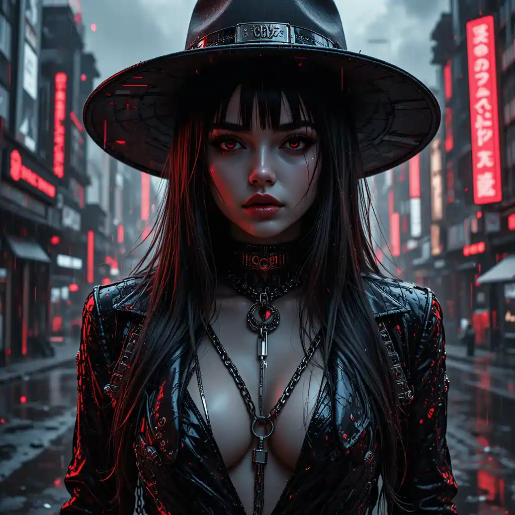 Glitch noir close up of fierce cyberpunk femme fatale