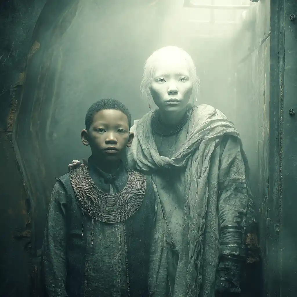 Asian Girl And Granddad In Futuristic Ghost Shelter City