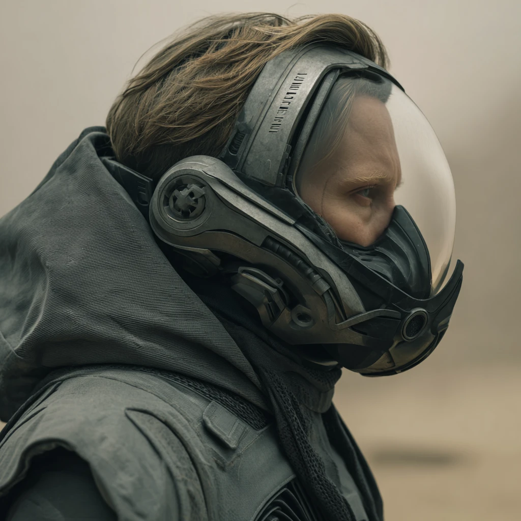 Ominous cyborg portrait with black face mask in desert shelter