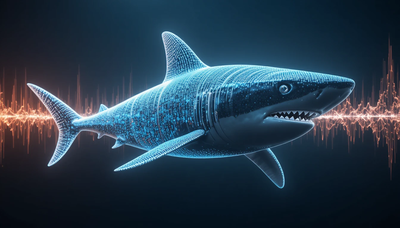Spectral sound wave shark formed in luminous mapped light