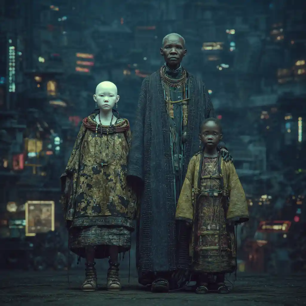 Asian girl and her granddad in futuristic ghost shelter
