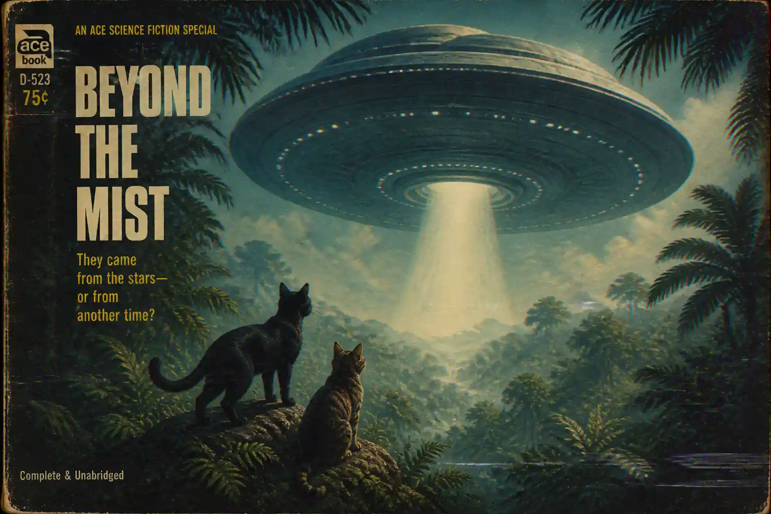 Cats watch a hovering ufo above a misty jungle