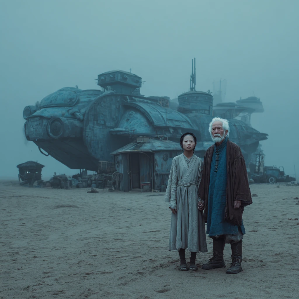 Ragazza asiatica e nonno in un rifugio futuristico tra le dune