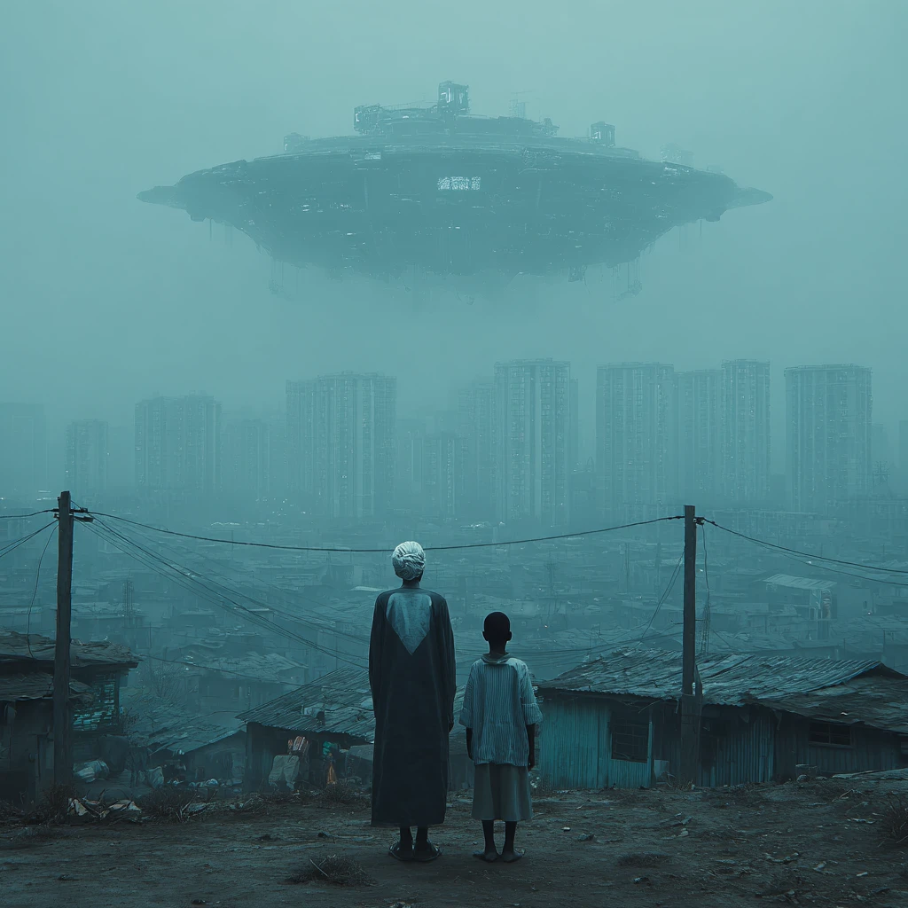 Asian girl with her granddad in futuristic ghost shelter