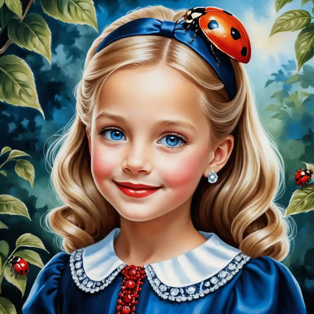 Smiling Blonde Girl In Navy Dress With Ladybug Pattern