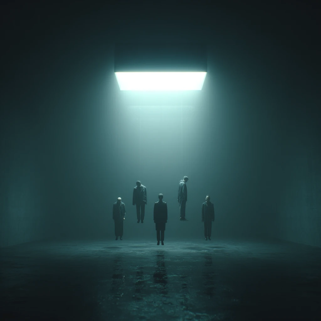 Glowing object suspending five people in a dark empty room