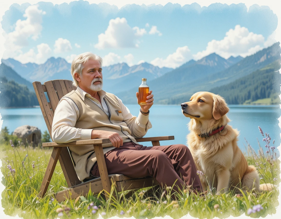 Mittelalter Mann entspannt im Freien mit Golden Retriever